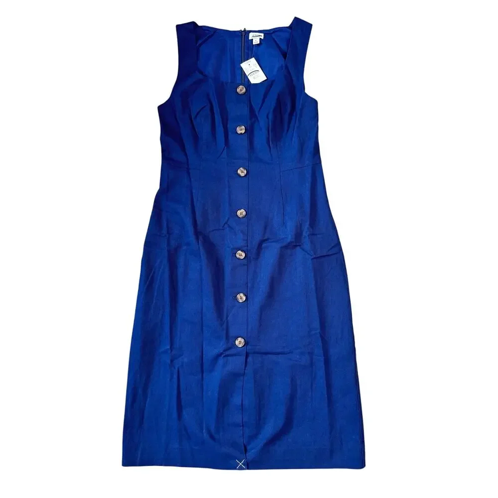 J.Crew Linen Cotton Blend Button Front Old Money Midi Dress Blue 6